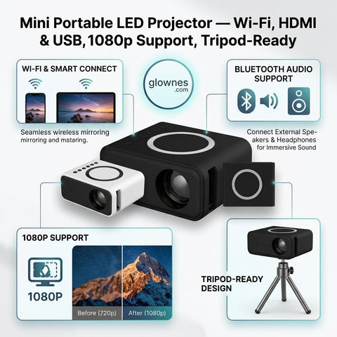 Mini Portable LED Projector — Wi-Fi, HDMI & USB, 1080p Support, Tripod-Ready