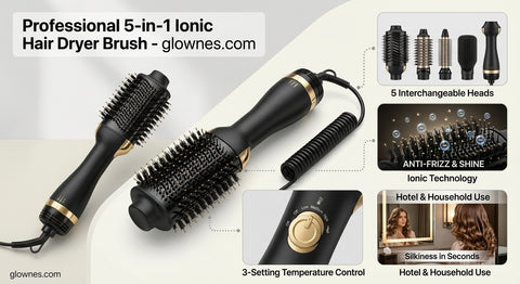 Professional 5-in-1 Ionic Hair Dryer Brush Interchangeable Heads One Step Wired Hot Air Comb for Curly Hair-Hotel Household Use