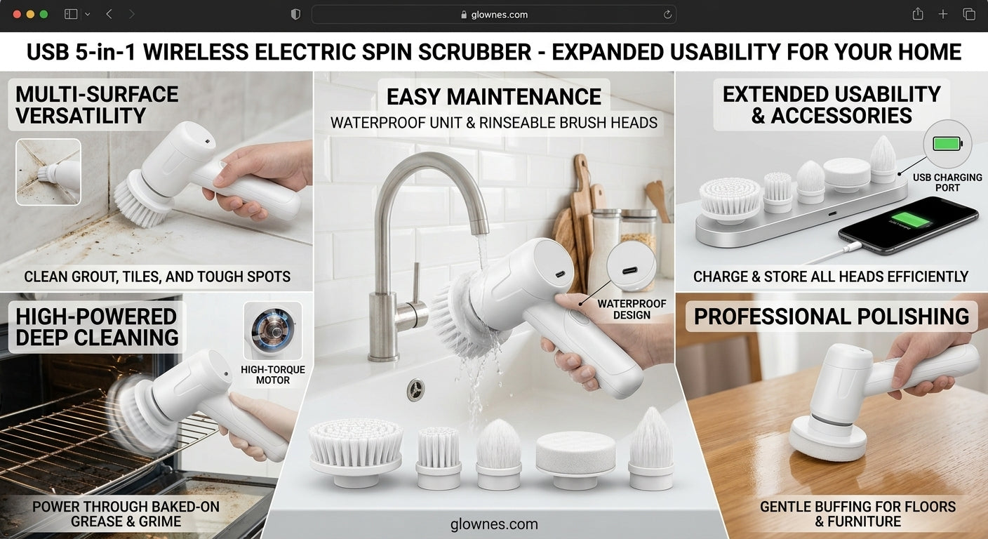 USB 5-in-1 Kitchen & Bathroom Wireless Electric Spin Scrubber