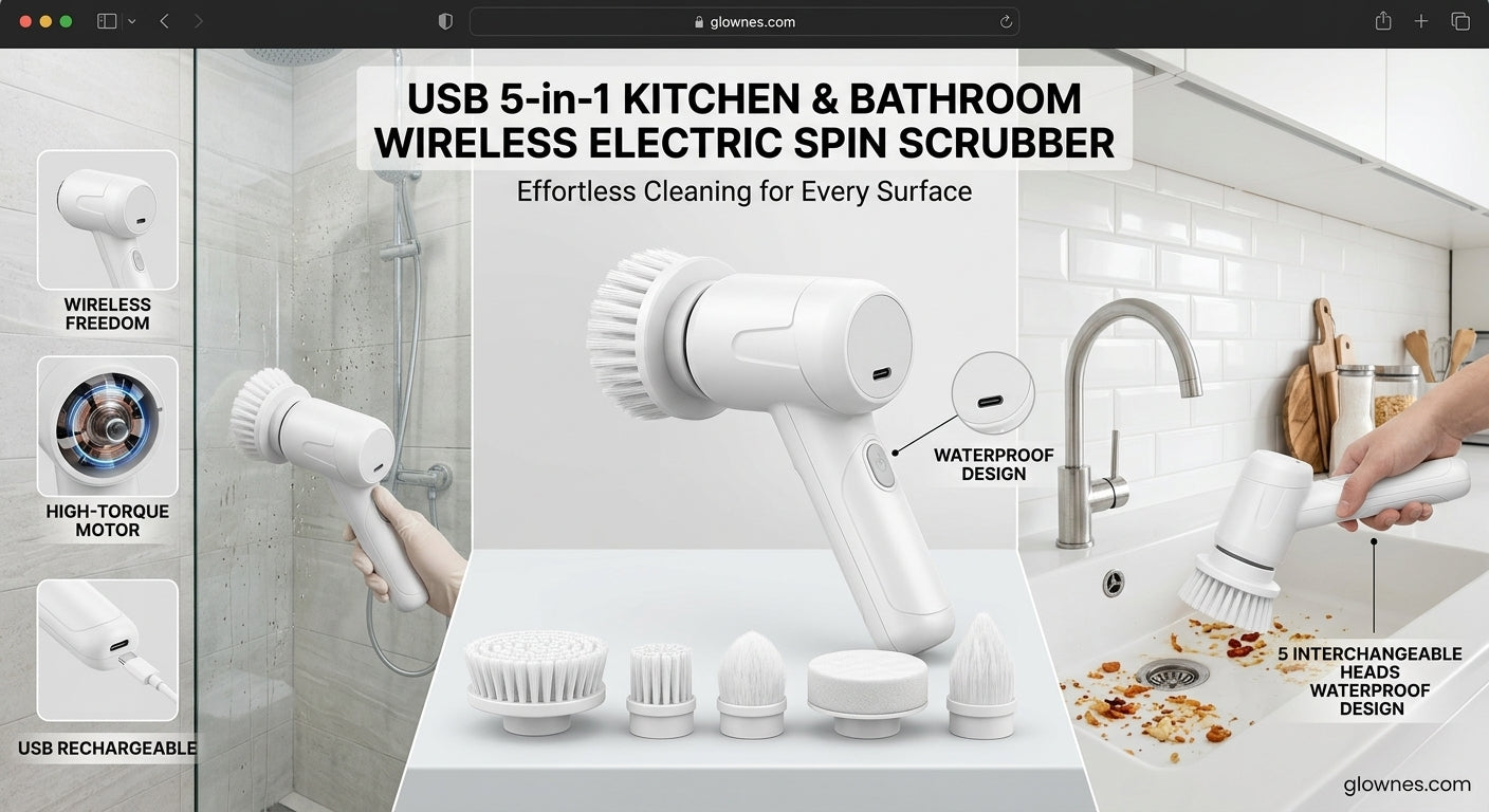 USB 5-in-1 Kitchen & Bathroom Wireless Electric Spin Scrubber